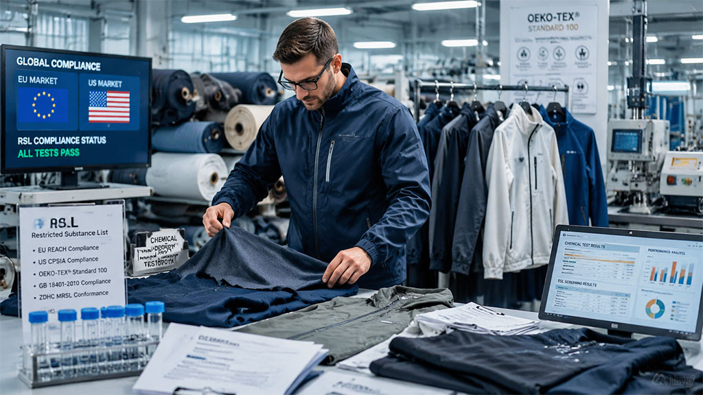 RSL compliance and restricted chemicals guide for apparel brands, featuring an inspector checking fabric quality against EU and US market test results in a textile factory.