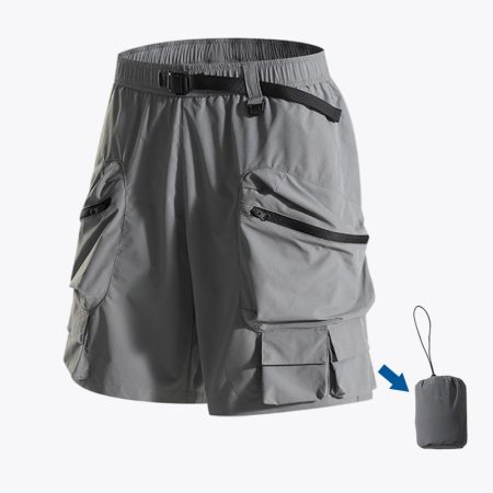 Front view of the rock-gray outdoor shorts alongside a demonstration of their portable, packable design, showing how the garment can be neatly folded and stored for travel convenience.
