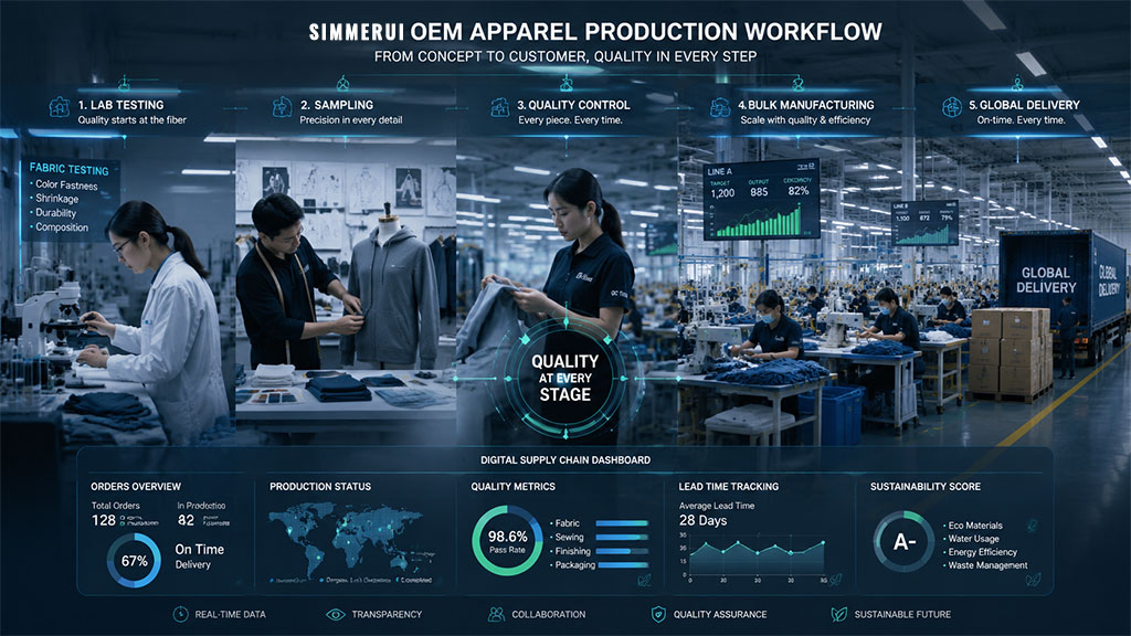 A visualization of the Simmerui OEM apparel production workflow, tracking the journey from lab testing and sampling to bulk manufacturing and global delivery. The image incorporates a digital supply chain dashboard showing real-time production status, quality metrics, lead time tracking, and sustainability scores, emphasizing transparency and quality in every step.