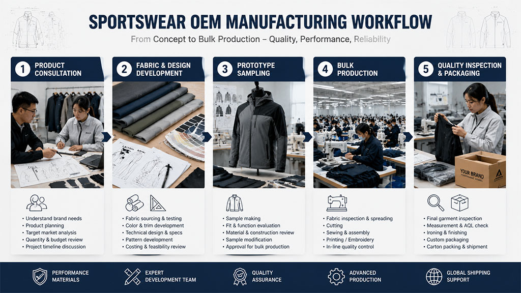 Sportswear OEM manufacturing workflow diagram detailing the five-step process from product consultation and design development to prototype sampling, bulk production, and quality inspection.