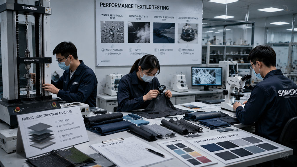 Sportswear fabric testing and performance textile development in an OEM factory laboratory, showing stretch testers, microscopes, and water resistance test specifications.