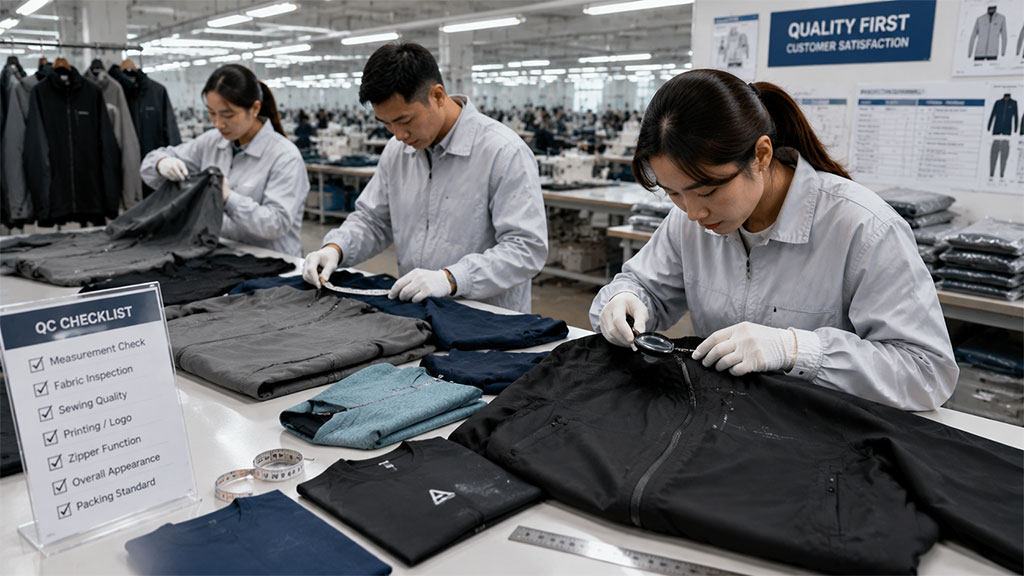 Sportswear factory quality control inspection before bulk shipment, with inspectors using magnifying glasses and measuring tools to check garment measurements, sewing quality, and zippers.