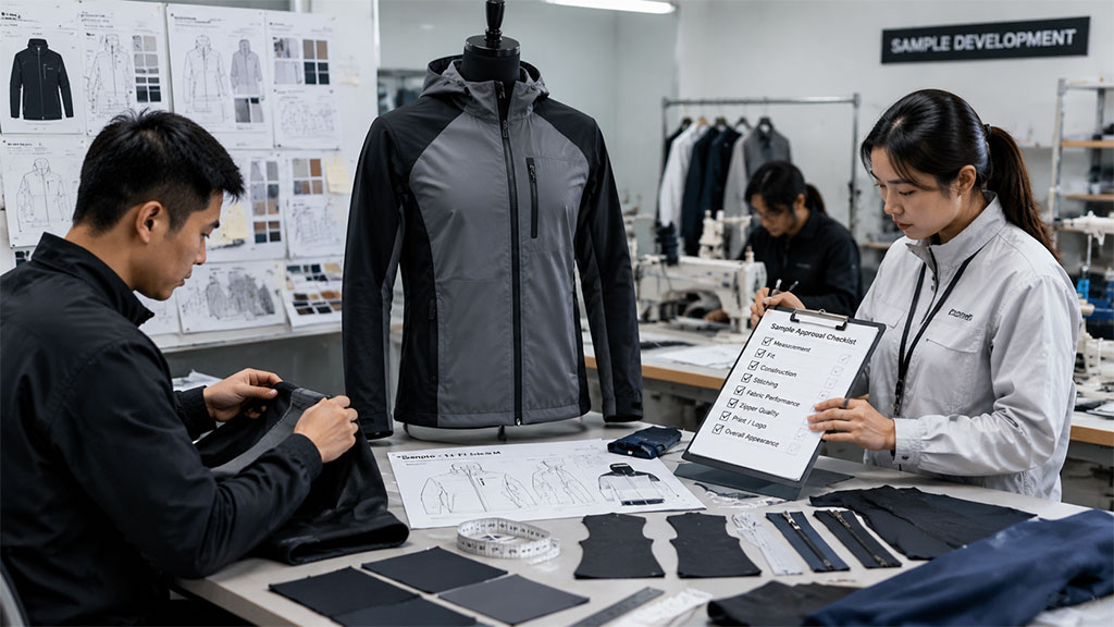 Sportswear prototype sampling and quality approval process in an OEM factory, with technicians reviewing a jacket sample against a sample approval checklist and technical sketches.