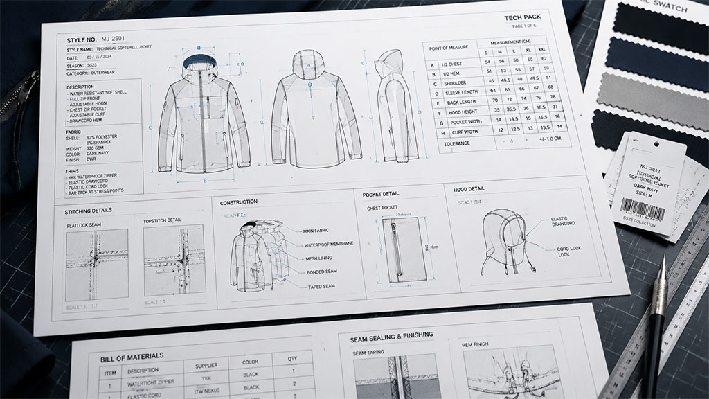 A detailed technical document (Tech Pack) laid out on a workspace, featuring complex garment sketches, front and back views, precise measurements, material specifications, stitching details, and a bill of materials to guide the manufacturing process.