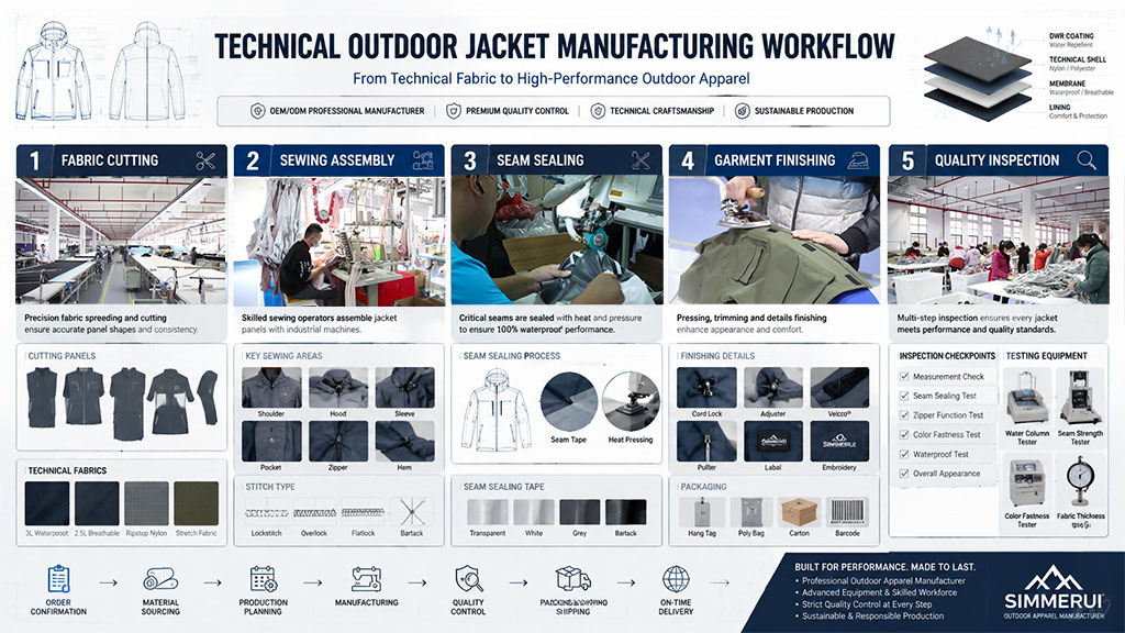 Comprehensive technical outdoor jacket manufacturing workflow infographic, detailing steps from fabric cutting, seam sealing, and assembly to final quality inspection and packaging for performance apparel.