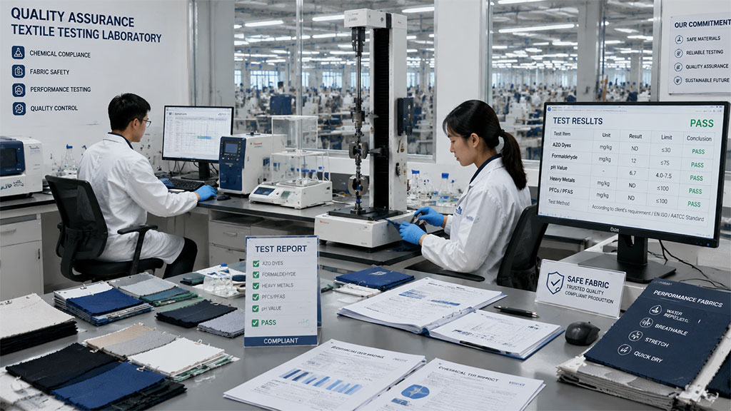 Textile chemical testing laboratory in an apparel OEM factory, showing technicians conducting fabric safety, performance, and restricted substance tests with pass-fail reports.