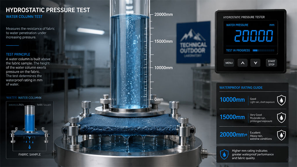 A hydrostatic pressure test setup measuring the water resistance of a fabric sample. The image features a water column exerting pressure on the material with a digital readout of 20,000mm, alongside a waterproof rating guide explaining performance levels for various weather conditions, from light rain to extreme environments.