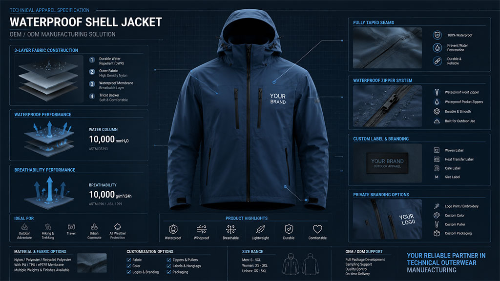 A comprehensive technical specification infographic for a waterproof shell jacket, outlining 3-layer fabric construction, waterproof and breathability performance ratings, zipper systems, and custom branding options.
