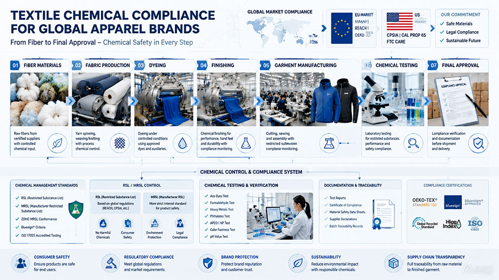 Textile chemical compliance guide for global apparel brands, illustrating the 7-step manufacturing process from fiber materials and dyeing to chemical testing and final approval.