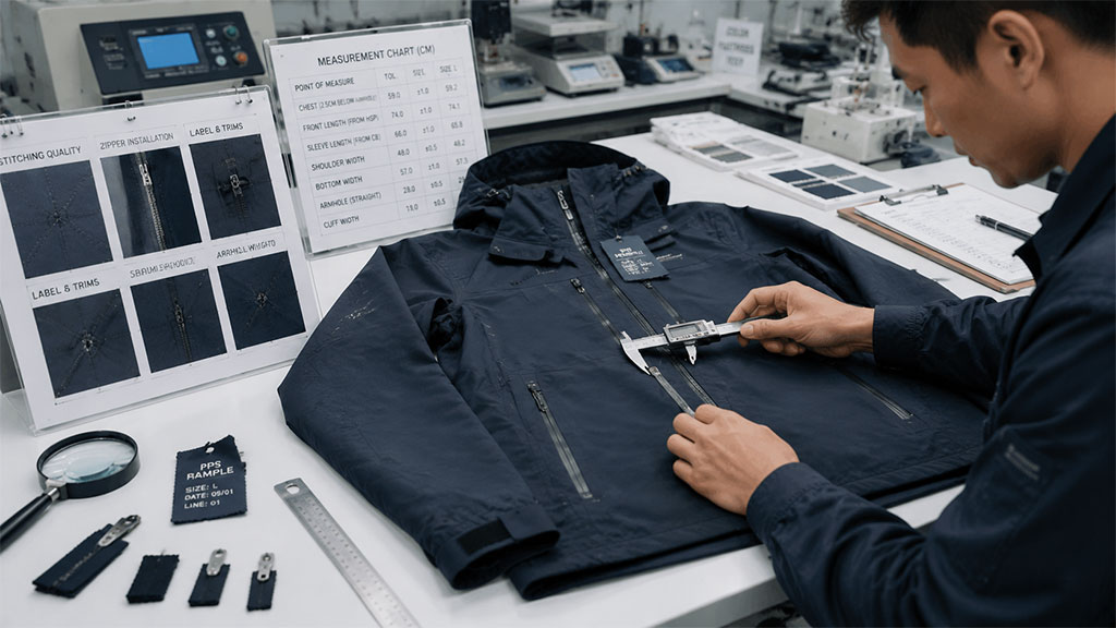 A technician in a laboratory setting using precision calipers to measure details on a navy blue Pre-Production Sample, with a measurement chart, magnifying glass, steel ruler, and reference boards showing stitching quality, zipper installation, and label details nearby.