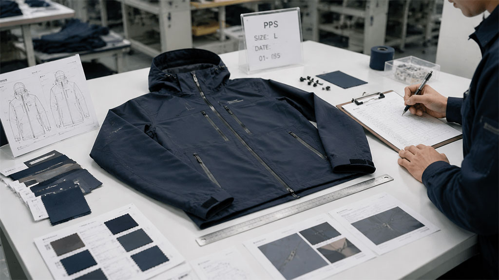 A quality control specialist performing a final inspection on a navy blue jacket at a factory workbench, documenting findings on a clipboard while referencing technical design sketches, fabric color swatches, and detailed stitching inspection photos to ensure the sample meets production specifications.