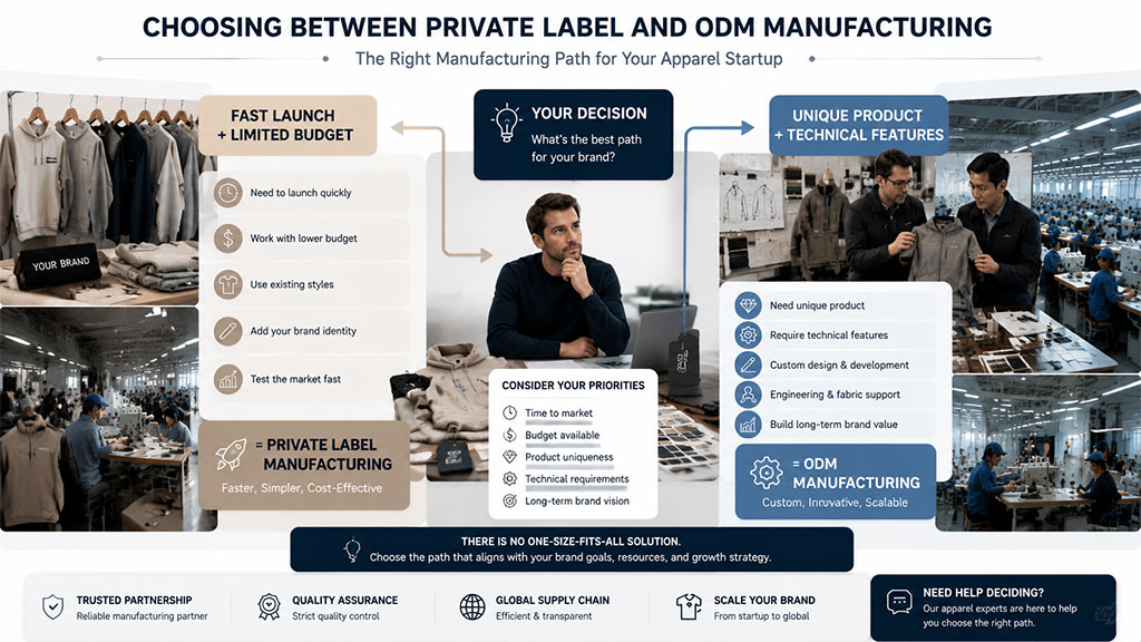 Infographic helping apparel startups choose between private label manufacturing for fast, low-budget launches and ODM manufacturing for unique, technical products.