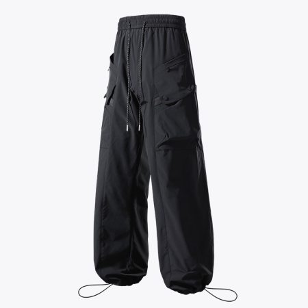 Full studio product view of the Simmerui outdoor waterproof cargo pants in a black color, featuring a comfortable elastic drawstring waistband, spacious side cargo pockets, and adjustable drawcord hems for a customizable fit.