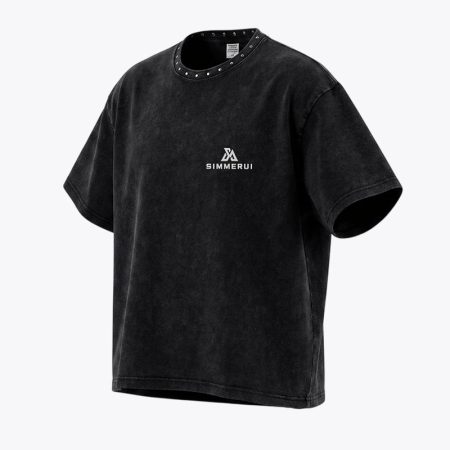 Three-dimensional view of the SimmerUI black heavyweight boxy fit t-shirt showcasing the embroidered brand logo on the chest and studded collar details.