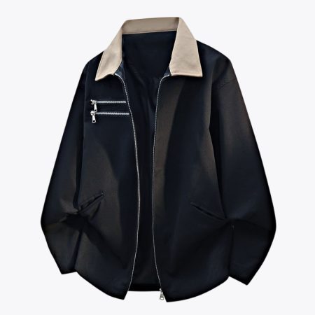 Full front view of the Simmerui utility work jacket in a black shade, featuring a distinctive contrasting black collar, full-length front zipper, and double chest zip-pocket detailing.