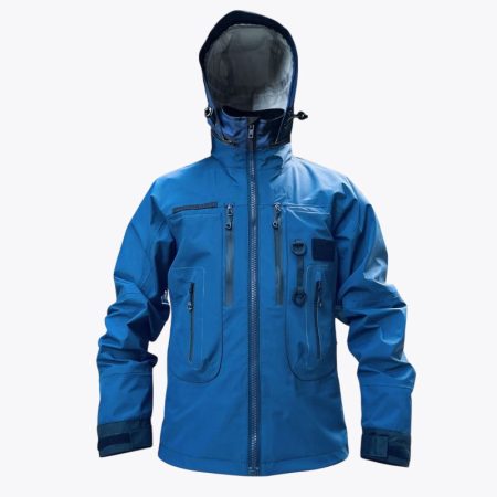 Front view of the vibrant blue Simmerui men’s waterproof wading jacket, showcasing an ergonomic design, fully adjustable storm hood, multiple secure chest pockets with water-resistant zippers, and integrated D-ring attachments for fishing gear storage.
