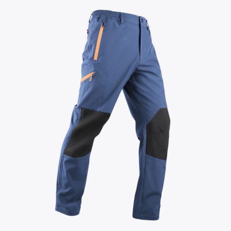 Full studio product view of the Simmerui men's technical softshell hiking pants in blue gray, featuring an ergonomic, athletic fit, reinforced knee panels for extra durability, and vibrant orange zippered pockets for a stylish, functional outdoor look.