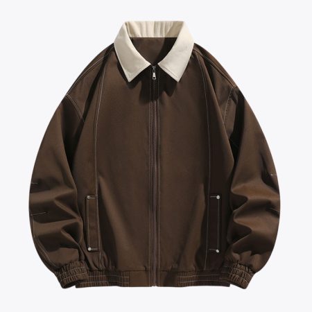 Front view of the Simmerui men's lightweight leisure jacket in a deep coffee brown tone, featuring a contrasting cream-colored collar, full-length front zipper, and ribbed elastic cuffs.