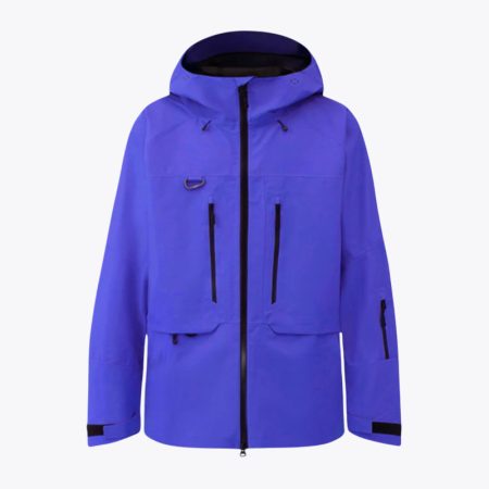 A front studio product shot of the dark-blue Simmerui waterproof hardshell ski jacket, highlighting its technical design with multiple waterproof zippers, a reinforced hood, and ergonomic fit for alpine sports.