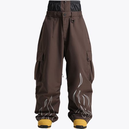 Front view of SimmerUI men's baggy snowboard pants in dark coffee color, featuring a relaxed, loose-fit silhouette, artistic flame graphics on the lower legs, spacious thigh cargo pockets, and a high-rise waist with internal lining for added winter comfort.