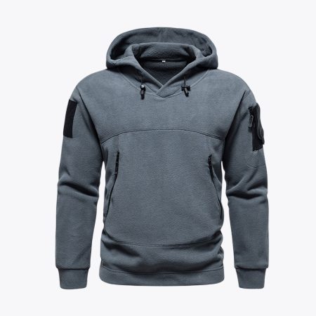 Front view of the Simmerui men’s tactical fleece pullover hoodie in dark gray, featuring an adjustable drawstring hood, dual zippered front pockets, and a utility sleeve pocket with tactical patch panel.