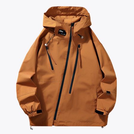 Front view of the Simmerui earthy-yellow outdoor zip-up hooded jacket, featuring a modern techwear-inspired aesthetic, asymmetrical waterproof zipper, and adjustable hood drawstrings.