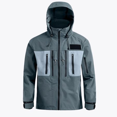 Front-facing studio view of the grey Simmerui technical wading jacket, featuring an ergonomic hooded silhouette, multiple secure zippered chest and side pockets, tactical gear attachment points, and a professional, athletic fit designed for anglers and outdoor enthusiasts.