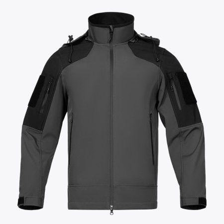 Front view of the SimmerUI men's waterproof tactical softshell jacket in gray with black shoulder blocking, zipper pockets, and sleeve patches.