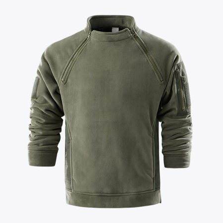 Front view of the green Simmerui men’s tactical fleece sweatshirt, featuring a functional quarter-zipper collar design, durable fabric construction, and dedicated utility pockets on the sleeve for tactical gear storage.