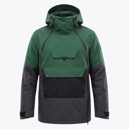 A studio display of the green Simmerui plus size snowboard hoodie jacket highlighting its dark forest green upper body paired with a grey lower section. The design maintains a technical aesthetic with reinforced seams and an adjustable hood system tailored for cold weather sports