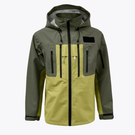A front studio shot of the Simmerui tactical fishing jacket showing its two tone olive and lime green color scheme, featuring a technical hood, multiple secure chest pockets, and a rugged, waterproof build suitable for harsh outdoor conditions.