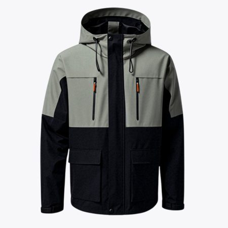 SimmerUI men's premium waterproof fishing jacket in olive green and black, featuring a hooded design, contrast orange zipper details, and multiple pockets.