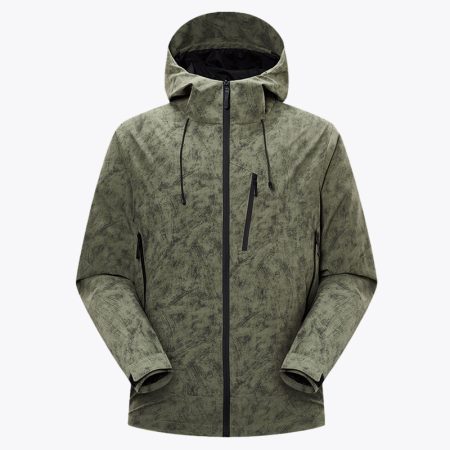 SimmerUI mens textured design vintage hooded jacket in green, featuring a unique washed pattern, full zip front closure, slanted chest pocket, and an adjustable hood for outdoor streetwear appeal.