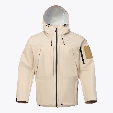 Front view of the SimmerUI tactical functional waterproof hard shell jacket in khaki with an adjustable hood and sleeve patch.