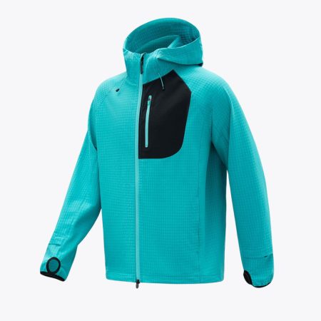 A studio shot of the Simmerui men's lightweight softshell running jacket in lake blue, featuring a hooded design, contrast-colored chest pocket, and integrated thumb-hole sleeve cuffs for an ergonomic fit.