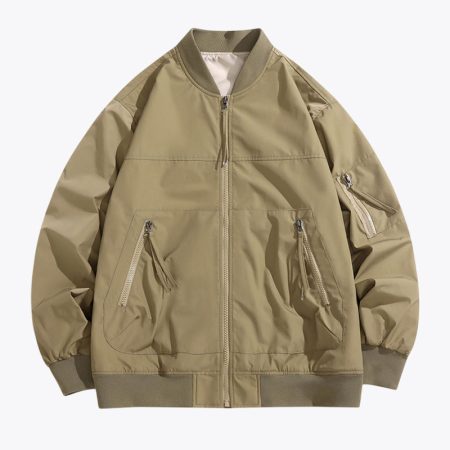 Full front view of the Simmerui light army green baseball collar jacket, showcasing its clean, minimalist aesthetic, secure zippered pocket design, and ribbed trim details.