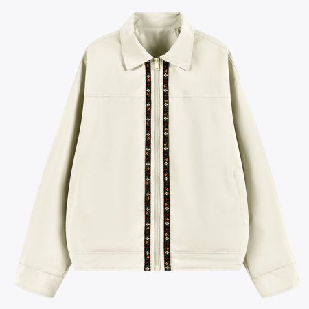 Front view of the SimmerUI loose-fitting light-khaki collared jacket featuring decorative floral embroidery along the front zipper placket.