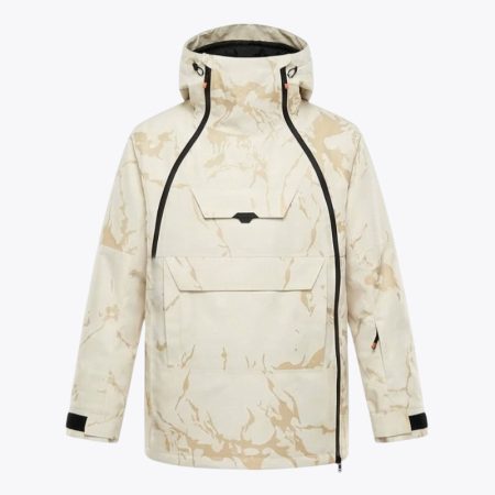 A studio product shot of the light yellow and cream camouflage snowboard jacket, highlighting the bold pattern, technical zippered closures, and durable winter sports styling.