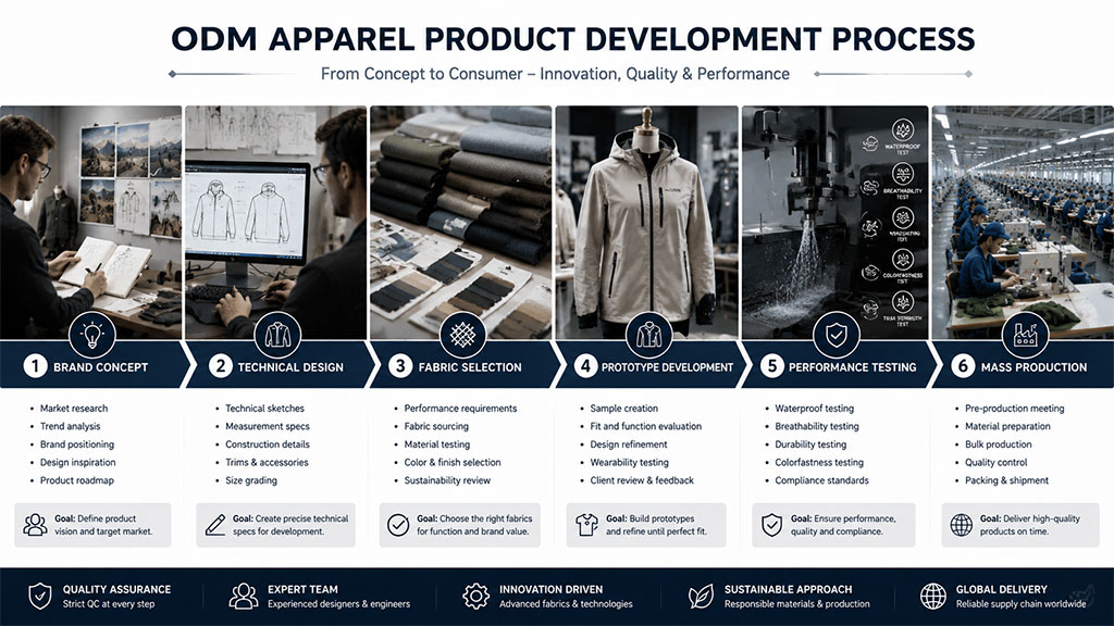 6-step ODM apparel product development process flowchart from brand concept and technical design to fabric selection, prototyping, testing, and mass production.