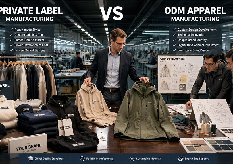 Comparison guide between private label apparel manufacturing with ready-made styles and ODM apparel manufacturing with custom design development.