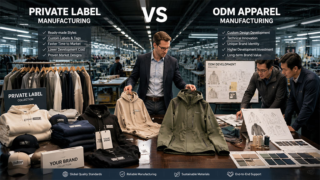 Comparison guide between private label apparel manufacturing with ready-made styles and ODM apparel manufacturing with custom design development.