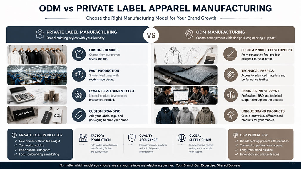 ODM vs private label apparel manufacturing comparison chart detailing existing designs, production lead times, development costs, and custom branding options.