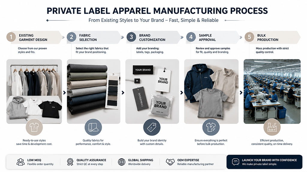 5-step private label apparel manufacturing process from existing garment designs and fabric selection to brand customization, sample approval, and bulk production.