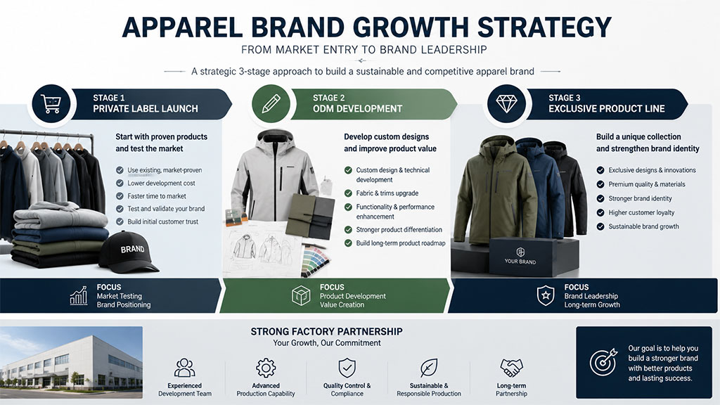 Apparel brand growth strategy infographic outlining a 3-stage approach from private label launch and ODM development to an exclusive product line.
