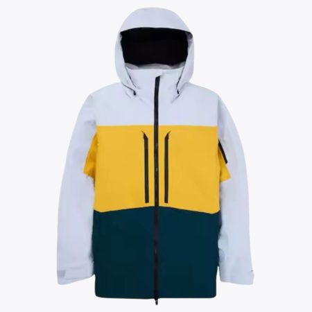 A front studio product shot of the Simmerui technical color block ski jacket, showing its white main body and darker contrasting chest panels. The jacket is fully zipped with visible dark, waterproof zippers on the central placket, two vertical chest pockets, and an angled sleeve pocket. The hood is up, and the adjustable hem is visible, all set against a clean, neutral background.