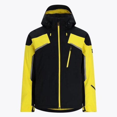 A front studio product shot of the yellow Simmerui waterproof ski and snowboard jacket, featuring red accent detailing on the chest, sleeves, and hood lining. The design includes waterproof zippers on the front closure and chest pocket, an adjustable hood with drawstrings, and hook-and-loop cuffs
