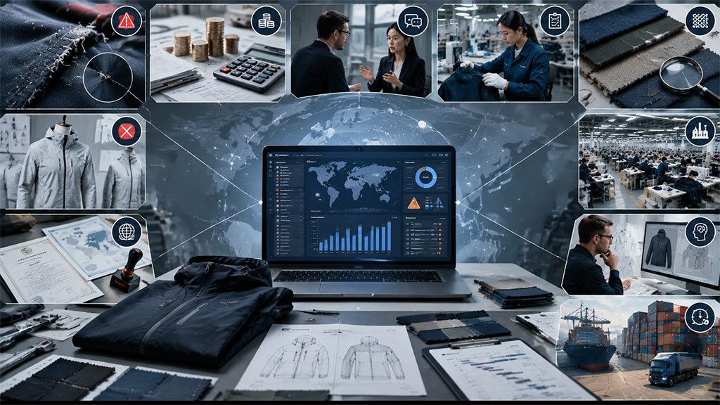 An overview graphic highlighting 10 key risks when working with ODM apparel suppliers, featuring icons for fabric flaws, communication barriers, quality control challenges, factory management, and shipping delays around a central dashboard screen.