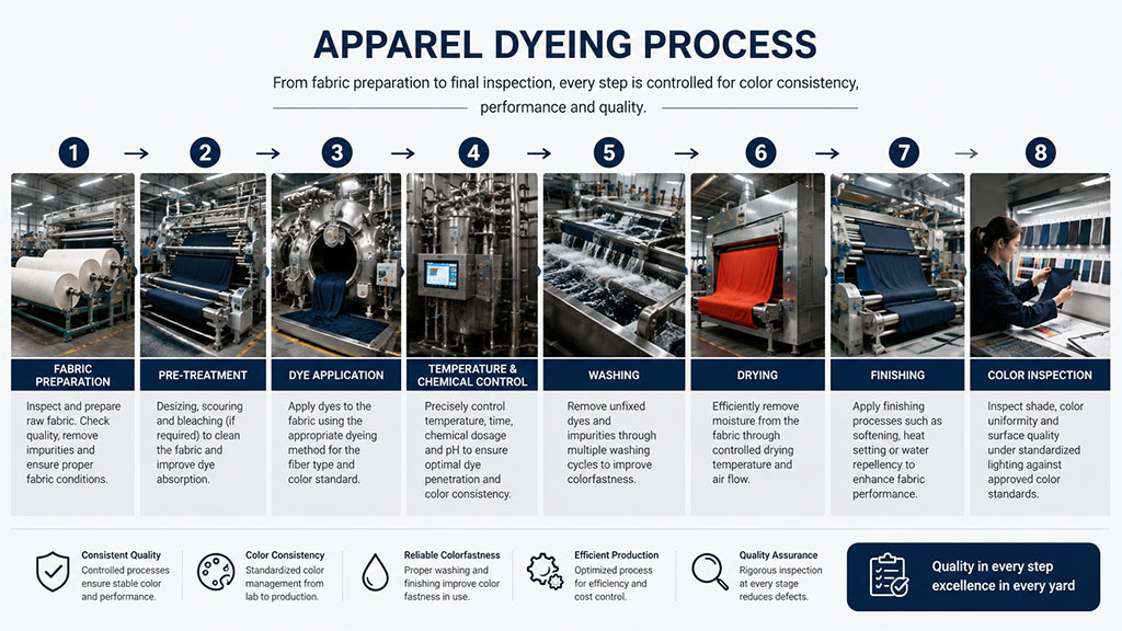 Apparel dyeing process from preparation and color application to washing, drying and inspection