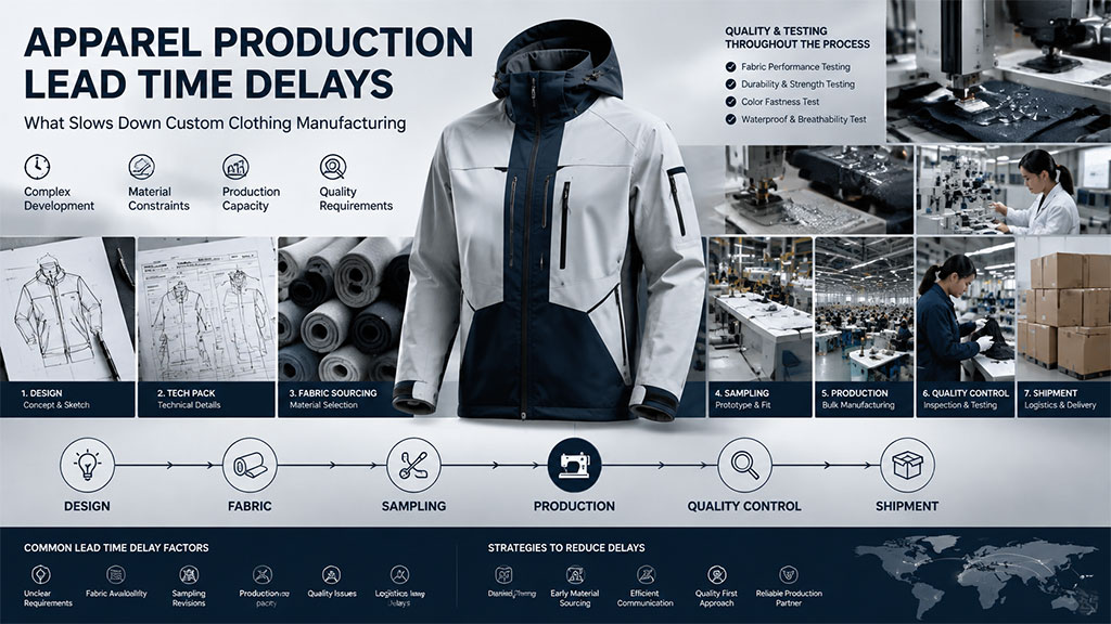 Apparel production lead time delays in custom clothing manufacturing from design and sourcing to quality control and shipment