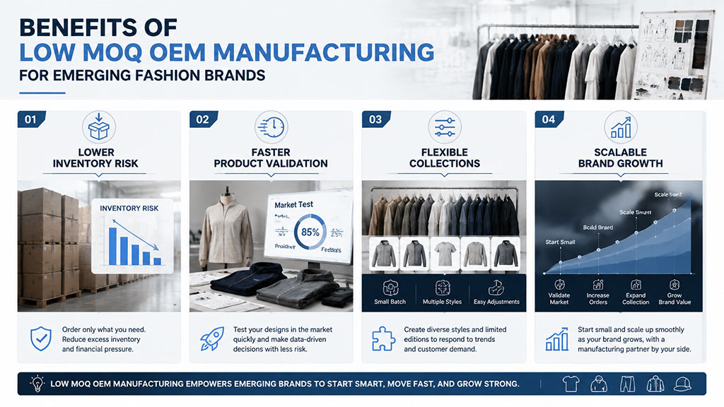 Low MOQ OEM apparel production benefits for emerging fashion brands including flexible quantities and reduced inventory risk
